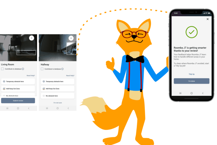 Der Smart Home Fuchs sieht in der iRobot Home App, dass die Hinderniserkennung des iRobot Roomba j7 immer besser wird, indem neue Objekte der Datenbank hinzugefügt werden